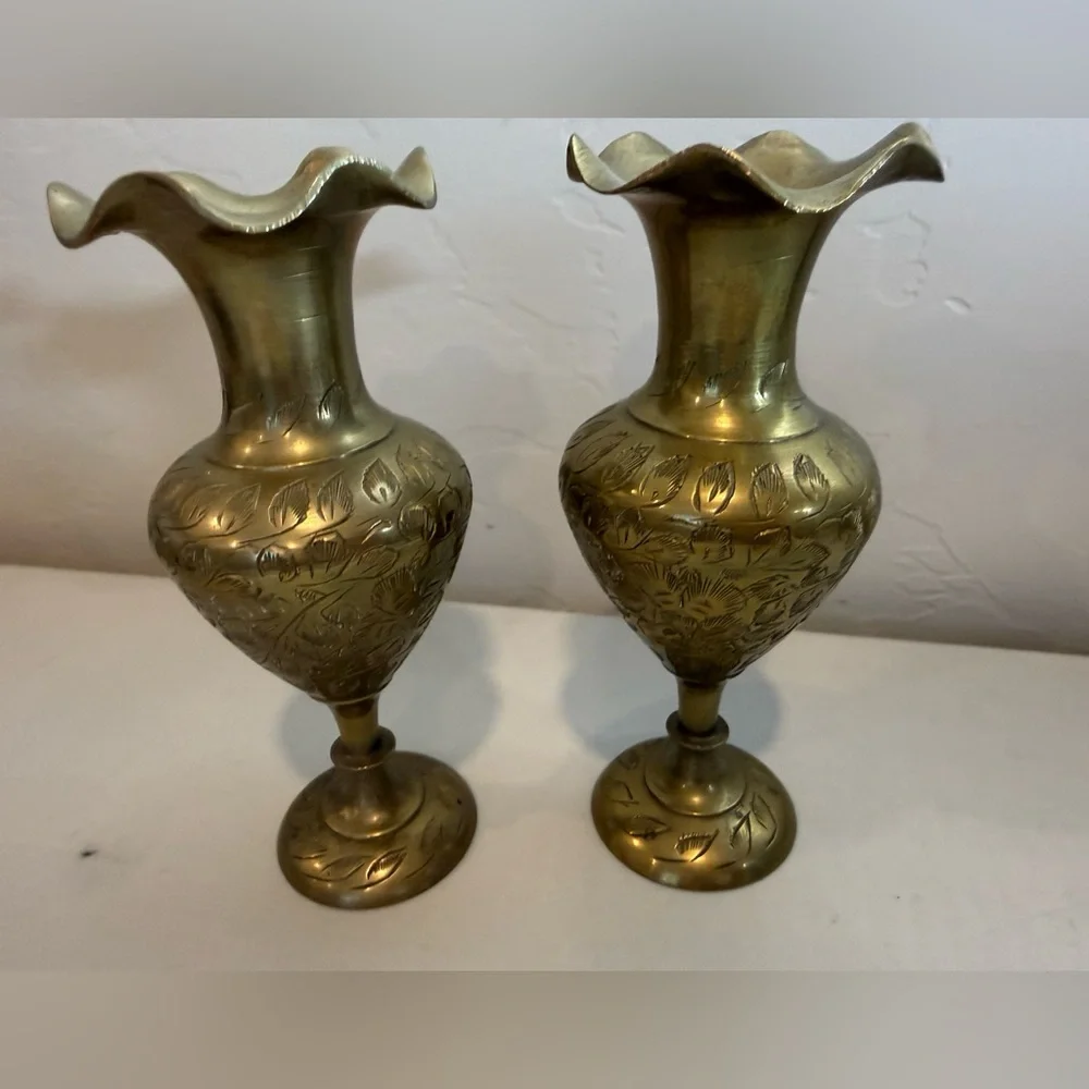 Vintage Pair of 2 Solid Brass Etched Floral Scalloped Vases signed Made in India